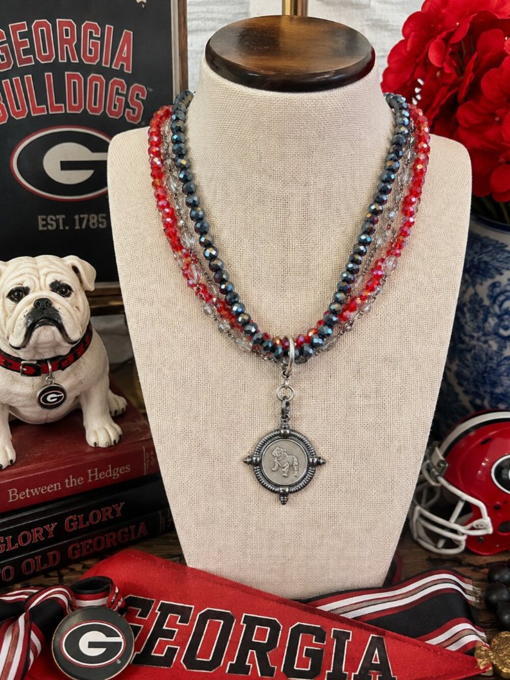 Georgia Bulldog Beaded Necklace, Red Black Game Day Necklace, Silver Bulldog Pen